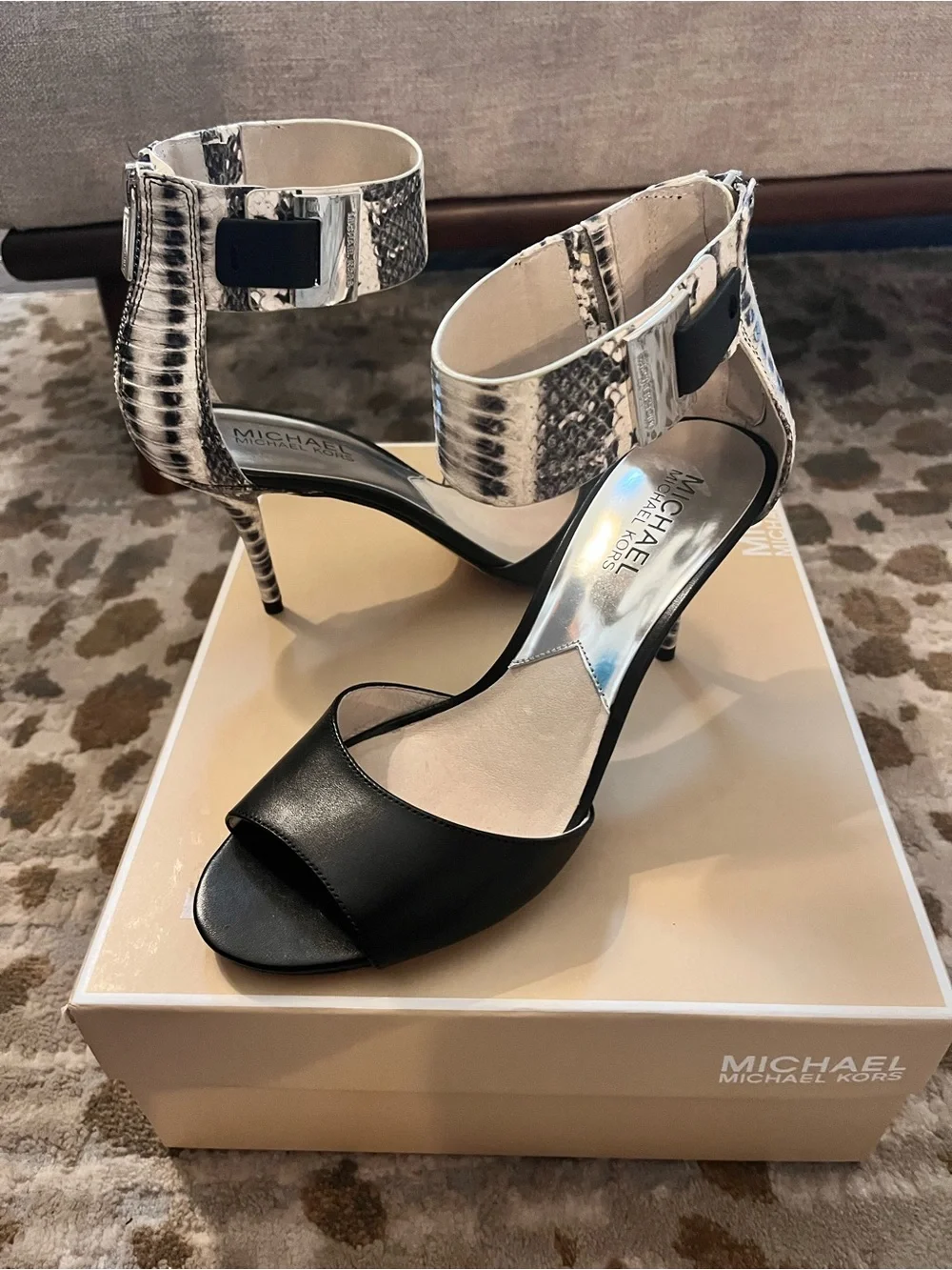 Michael Kors Black Leather Open-Toe Heels with Snakeskin-Ankle Strap